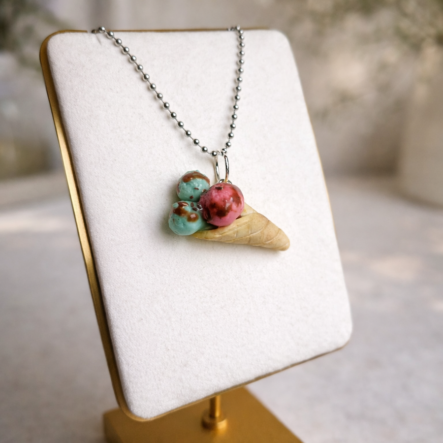 Handmade Strawberry & Mint Ice Cream Necklace – Polymer Clay Dessert Pendant on 24” Stainless Steel Ball Chain image 0