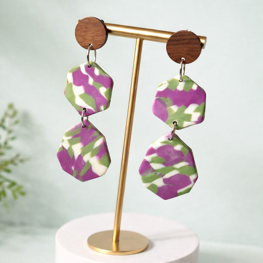 Handmade Statement Earrings – Green & Purple Geometric Dangle Earrings image 0