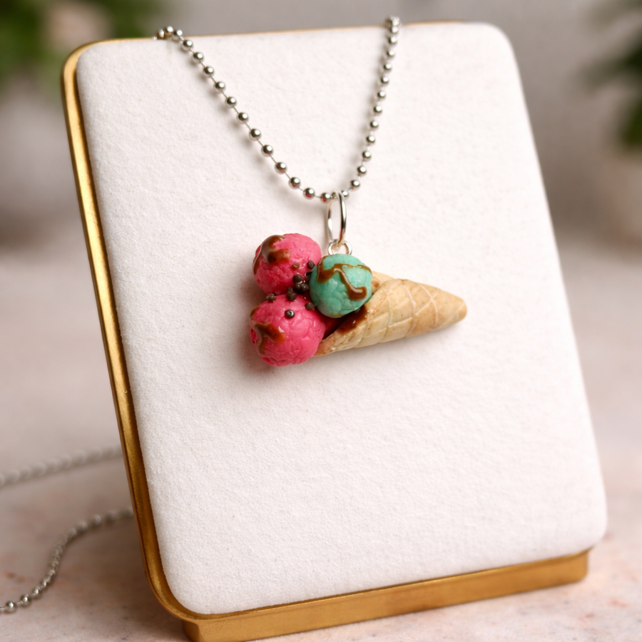 Handmade Strawberry & Mint Ice Cream Necklace – Cute Polymer Clay Dessert Pendant on 24” Stainless Steel Ball Chain image 0