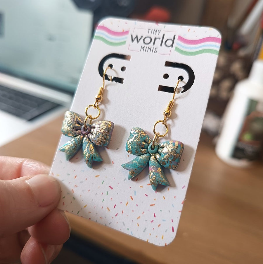Handmade Bow Dangle Earrings – Turquoise, Pink & Gold Foil image 0