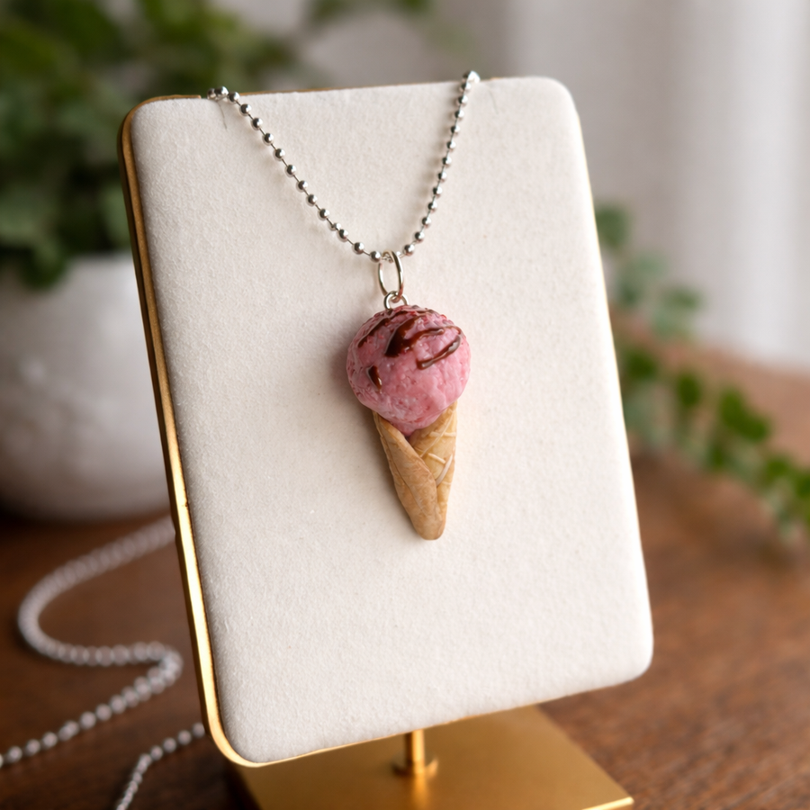 Handmade Strawberry Ice Cream Necklace – Cute Food Jewellery Pendant on 24” Stainless Steel Ball Chain image 0
