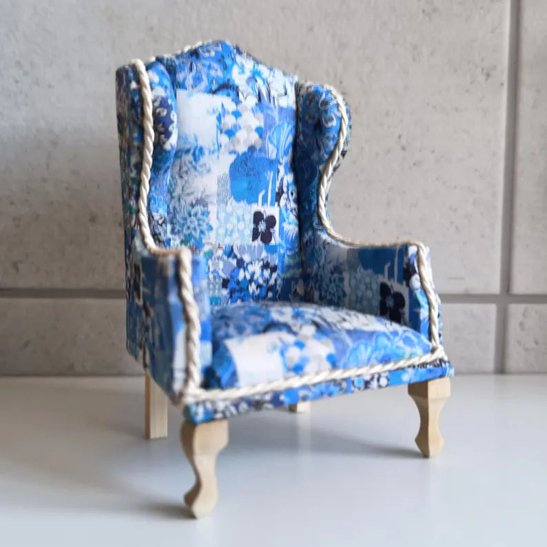 Limited Edition Blue Patchwork Liberty 1:12 Scale Dollhouse Armchair – Miniature Wingback Furniture image 0