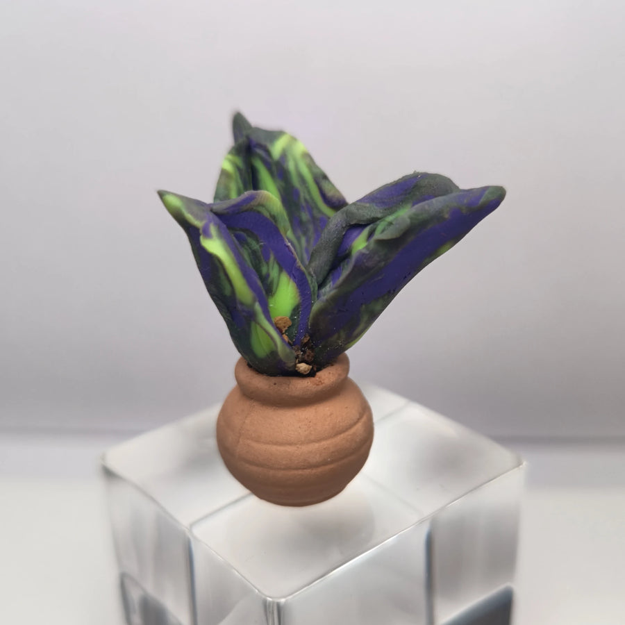 Handmade Miniature Polymer Clay Plant with Three Leaves – Green & Purple Decorative Succulent in Terracotta Pot image 0