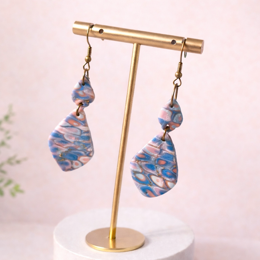 Handmade Drop Blue & Pink Marbled Statement Earrings image 0