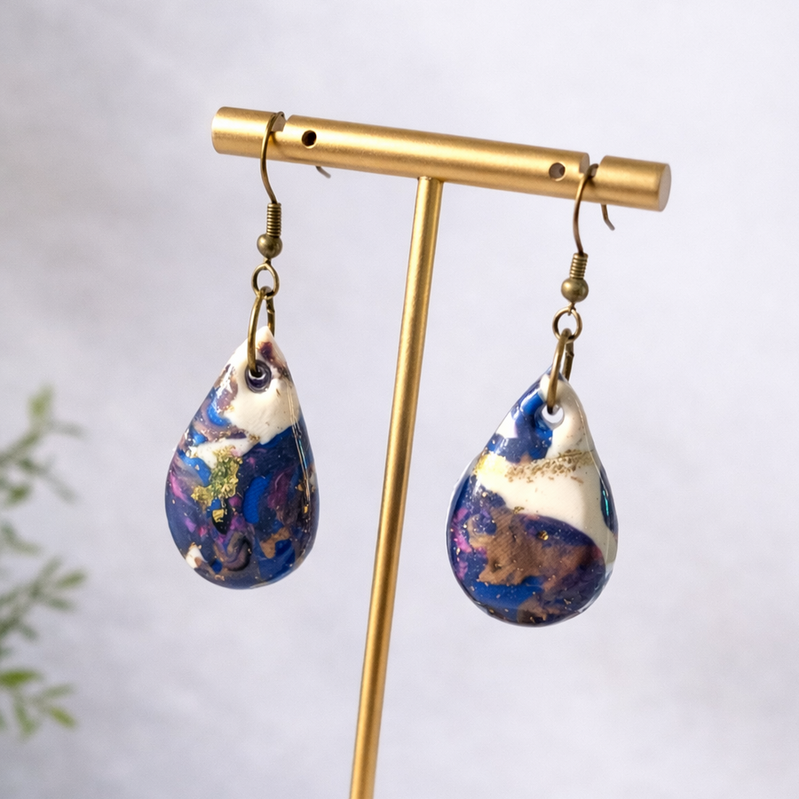 Handmade Teardrop Earrings – Blue, White & Gold Abstract Drop Earrings image 0