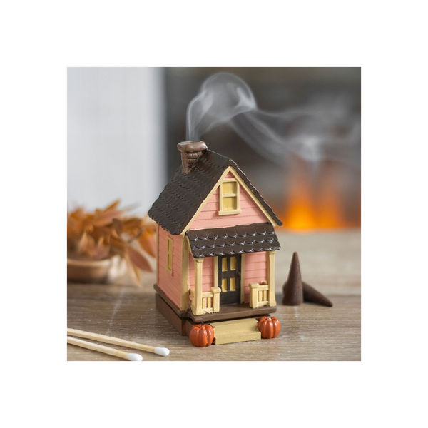 Pink House Incense Cone Burner with Pumpkins. Product image.