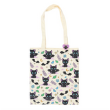 Cute and Creepy Cat Print Polycotton Tote Bag with Enamel Pin