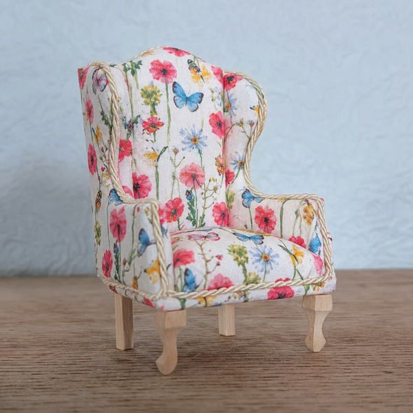 1:12 Scale Queen Anne Style Wingback Armchair – Poppies Flowers Dollhouse Chair image 0