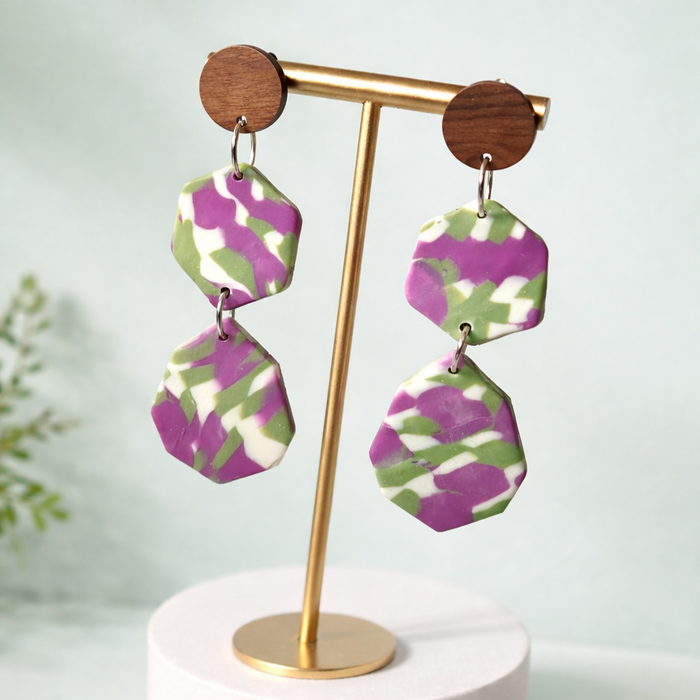 Handmade Statement Earrings – Green & Purple Geometric Dangle Earrings image 0