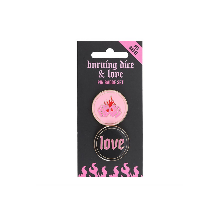 Flaming Dice and Love Pin Badge Set
