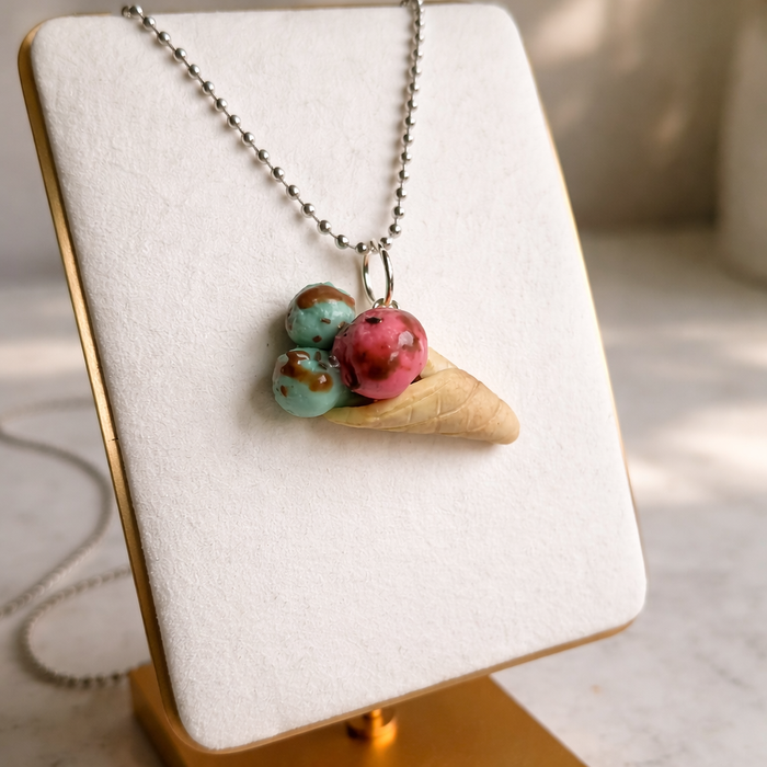 Handmade Strawberry & Mint Ice Cream Necklace – Polymer Clay Dessert Pendant on 24” Stainless Steel Ball Chain image 1