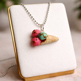 Handmade Strawberry & Mint Ice Cream Necklace – Cute Polymer Clay Dessert Pendant on 24” Stainless Steel Ball Chain image 0