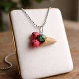 Handmade Strawberry & Mint Ice Cream Necklace – Cute Polymer Clay Dessert Pendant on 24” Stainless Steel Ball Chain image 1
