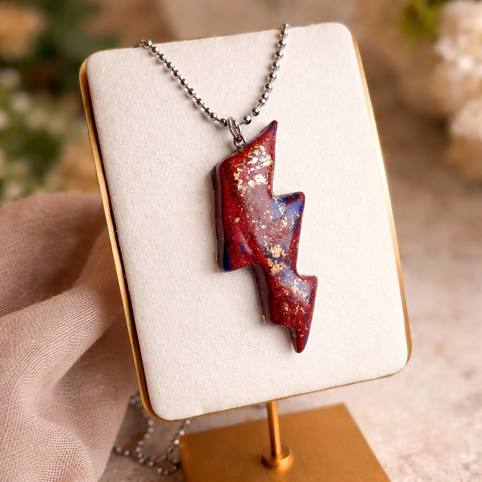 Handmade Red & Gold Lightning Bolt Necklace – 24” Stainless Steel Ball Chain – Statement Pendant image 0