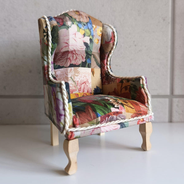 Limited Edition Liberty Patchwork 1:12 Scale Dollhouse Armchair – Miniature Wingback Chair image 0