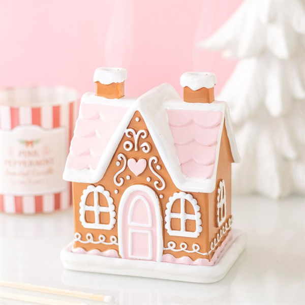 Pink Gingerbread House Incense Cone Burner. Product image.