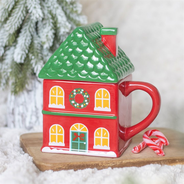 Red Christmas House Lidded Mug. Product image.