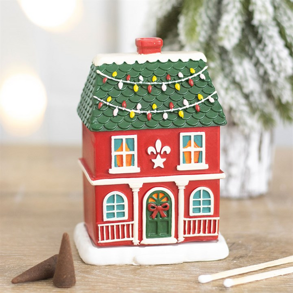 Red Christmas House Incense Cone Burner. Product image.