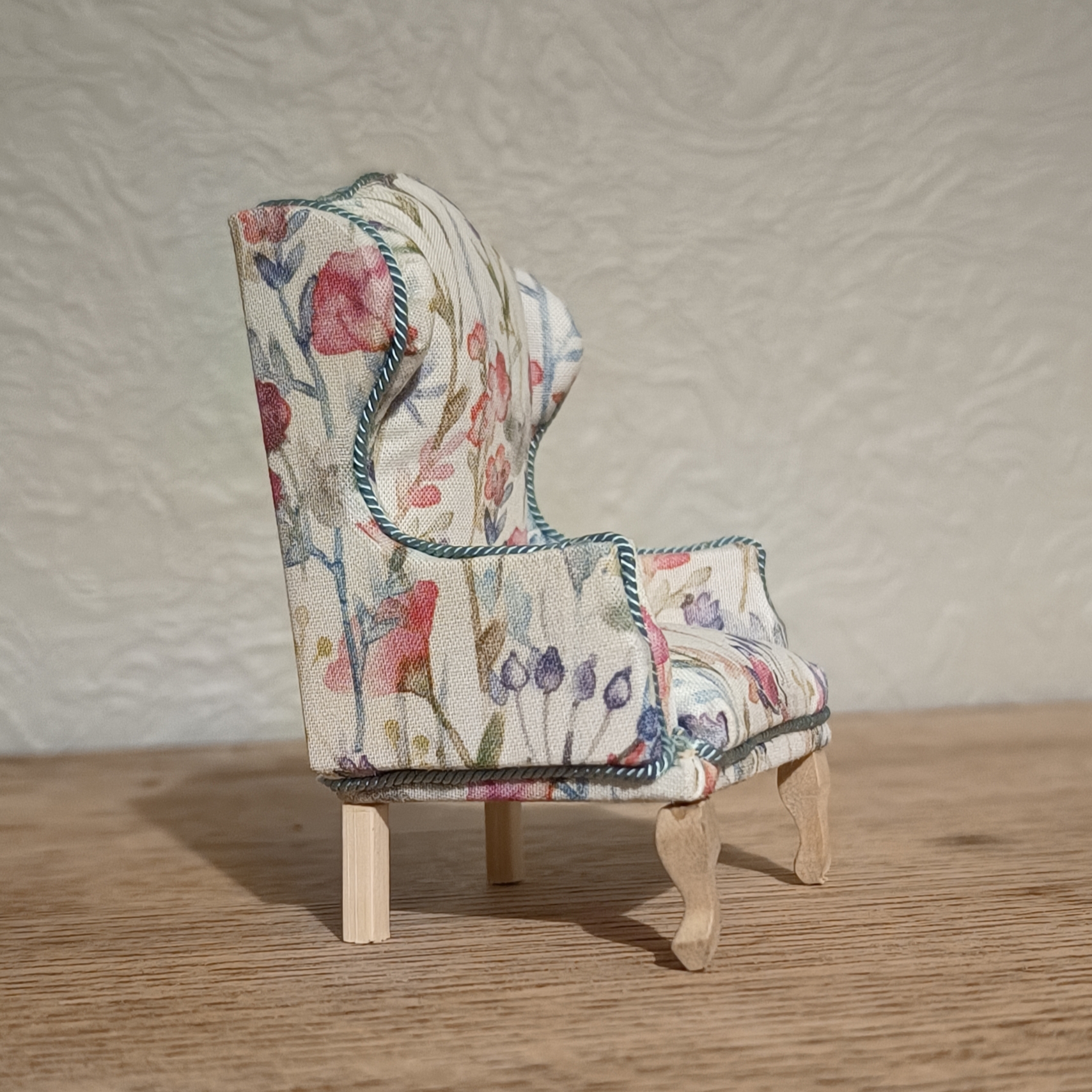 1:12 Scale Queen Anne Style Wingback Armchair – Floral ‘Wild Flowers’ Dollhouse Chair - Image 2
