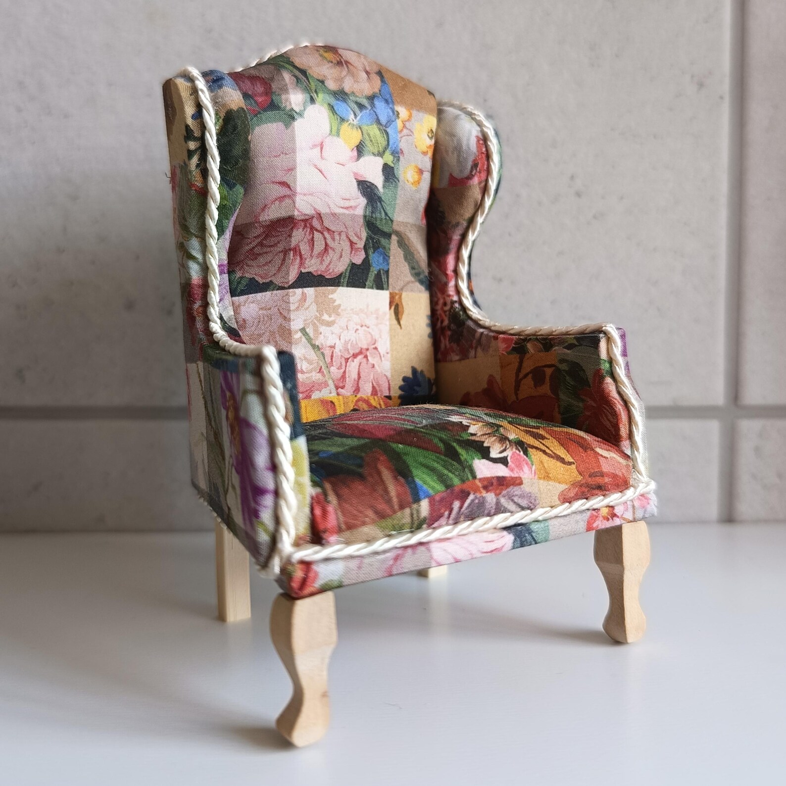 Limited Edition Liberty Patchwork 1:12 Scale Dollhouse Armchair – Miniature Wingback Chair