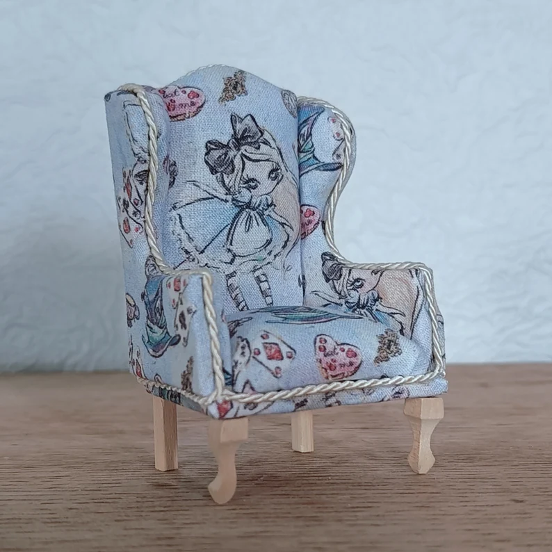 1:12 Scale Queen Anne Wingback Armchair – Sketched Alice in Wonderland Miniature Dollhouse Chair