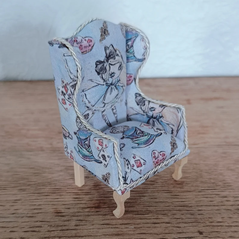 1:12 Scale Queen Anne Wingback Armchair – Sketched Alice in Wonderland Miniature Dollhouse Chair - Image 2