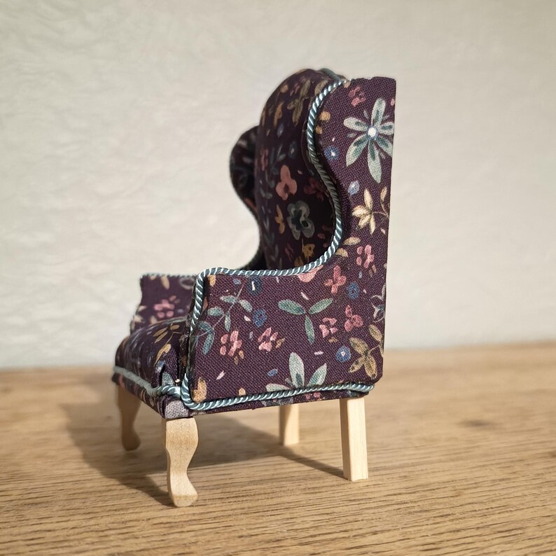 1/12 Scale Dollhouse Wingback Armchair – Botanical Flowers Queen Anne Mini Furniture - Image 2