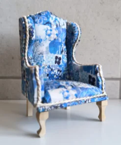 Limited Edition Blue Patchwork Liberty 1:12 Scale Dollhouse Armchair – Miniature Wingback Furniture