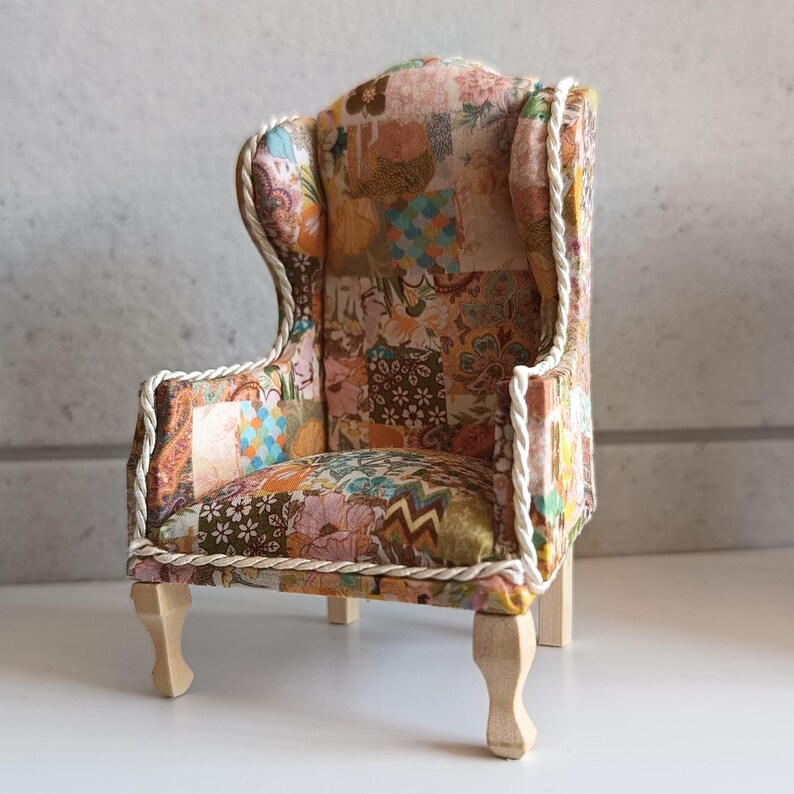 Limited Edition Autumnal Liberty 1:12 Scale Dollhouse Armchair – Miniature Wingback Chair - Image 2