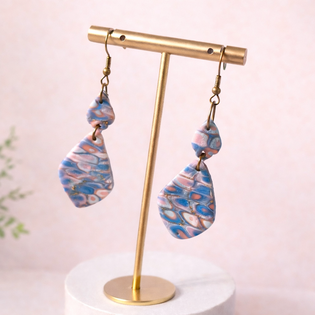 Handmade Drop Blue & Pink Marbled Statement Earrings
