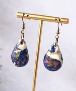 Handmade Teardrop Earrings – Blue, White & Gold Abstract Drop Earrings