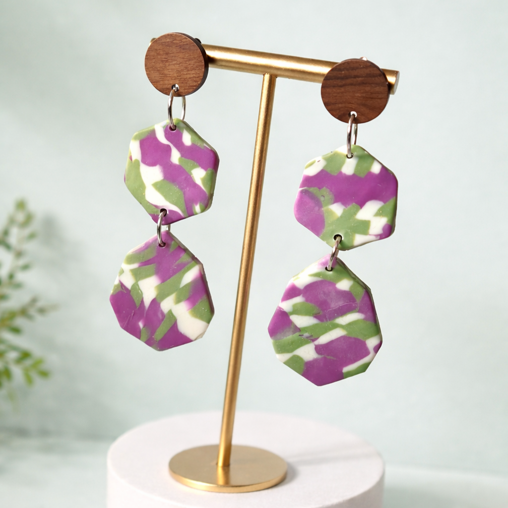 Handmade Statement Earrings – Green & Purple Geometric Dangle Earrings