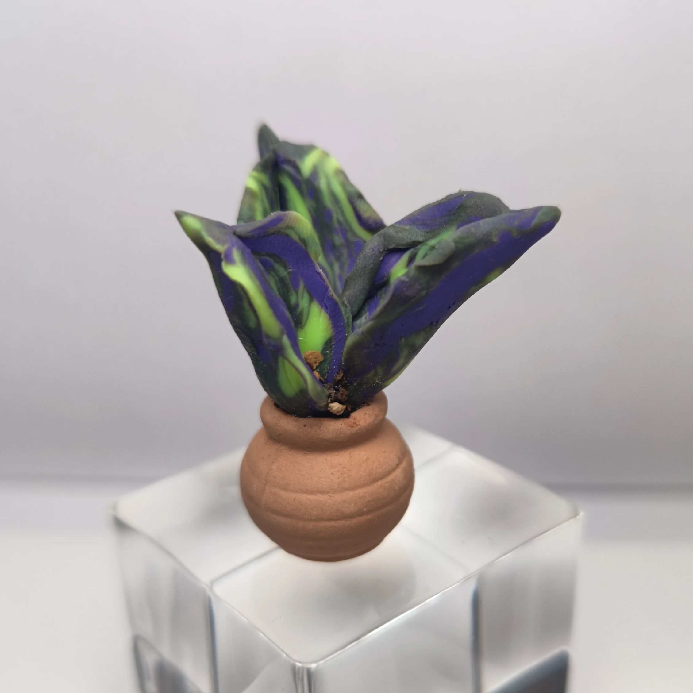 Handmade Miniature Polymer Clay Plant with Three Leaves – Green & Purple Decorative Succulent in Terracotta Pot