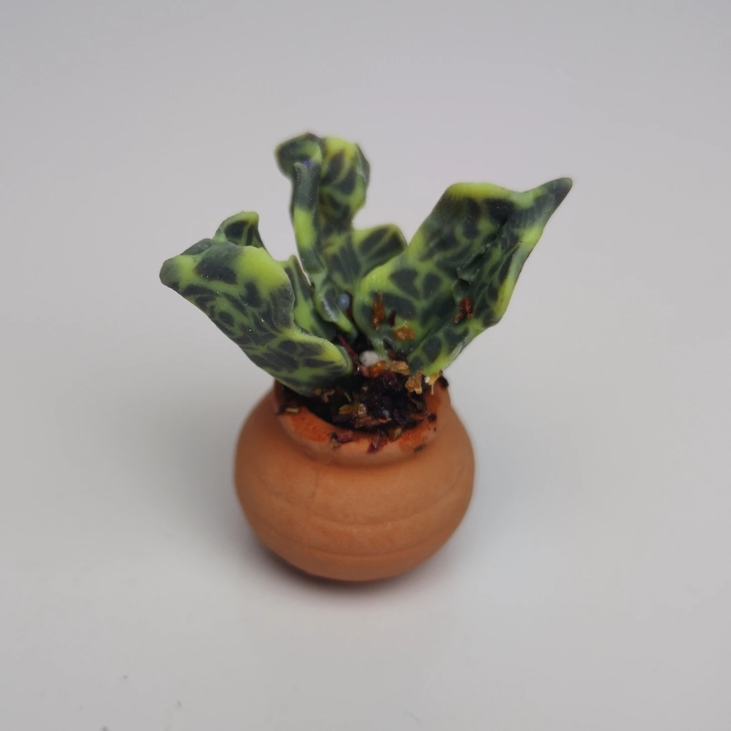Handmade Miniature Polymer Clay Plant – Green Patterned Leaves in Terracotta Pot | Faux Succulent Décor - Image 2
