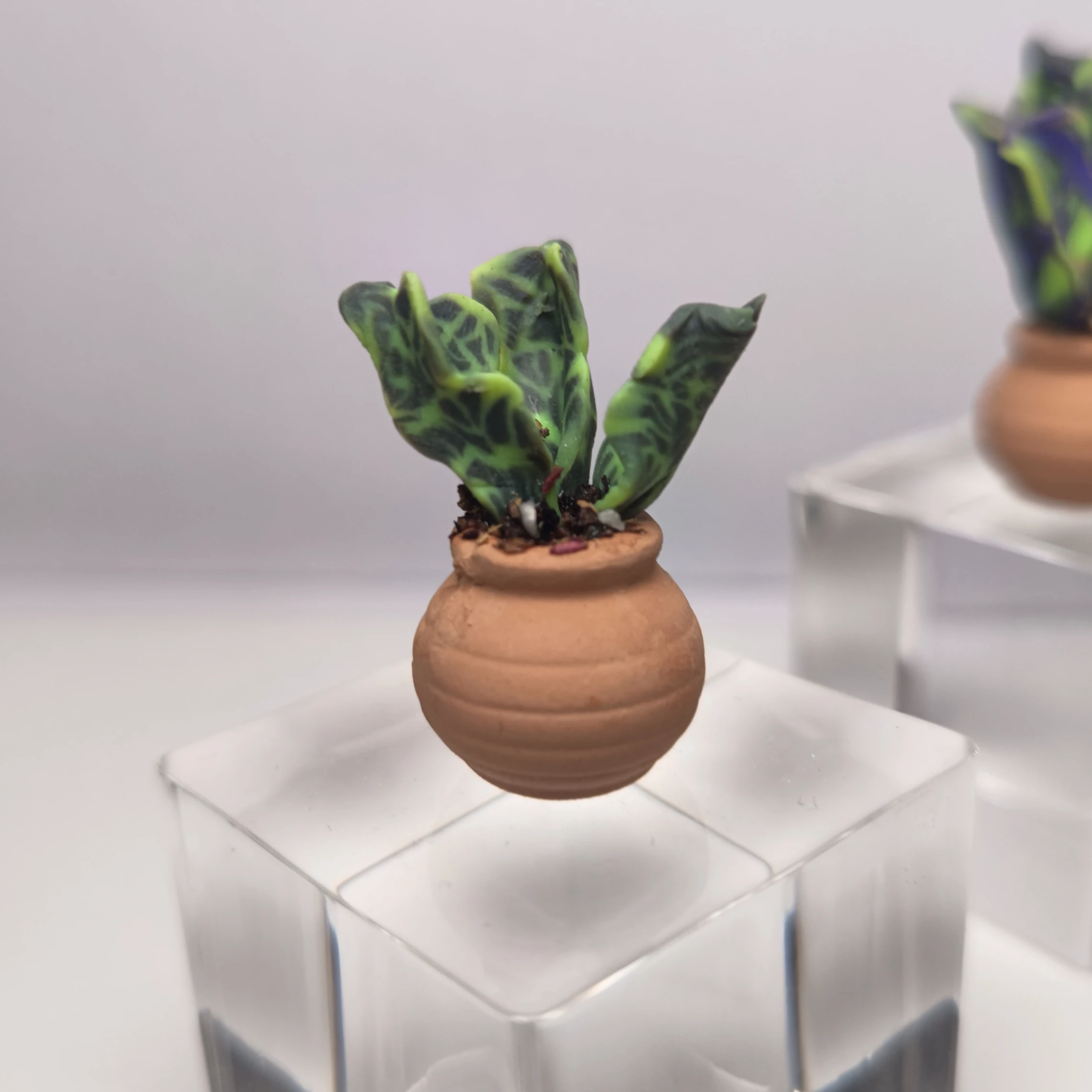 Handmade Miniature Polymer Clay Plant – Wavy Green Patterned Leaves in Terracotta Pot | Faux Plant Décor