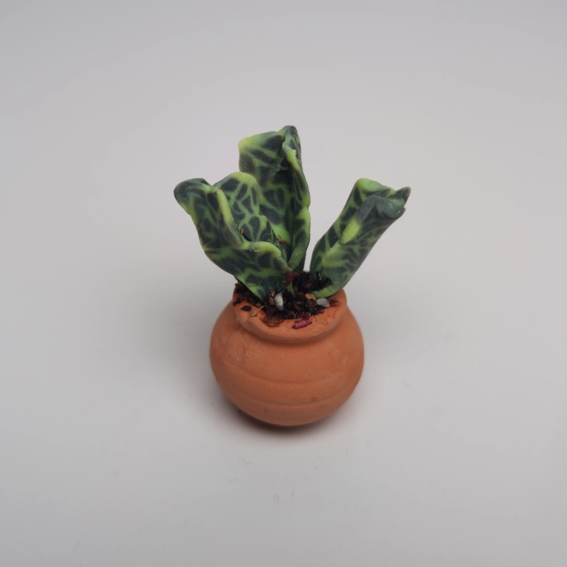 Handmade Miniature Polymer Clay Plant – Wavy Green Patterned Leaves in Terracotta Pot | Faux Plant Décor - Image 2