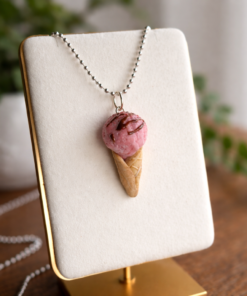 Handmade Strawberry Ice Cream Necklace – Cute Food Jewellery Pendant on 24” Stainless Steel Ball Chain