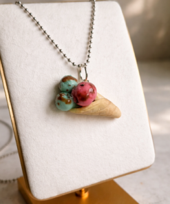 Alternative view of Handmade Strawberry & Mint Ice Cream Necklace – Polymer Clay Dessert Pendant on 24” Stainless Steel Ball Chain