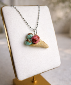 Handmade Strawberry & Mint Ice Cream Necklace – Polymer Clay Dessert Pendant on 24” Stainless Steel Ball Chain