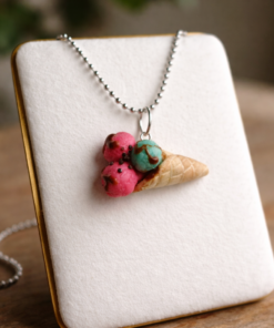 Alternative view of Handmade Strawberry & Mint Ice Cream Necklace – Cute Polymer Clay Dessert Pendant on 24” Stainless Steel Ball Chain