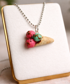 Handmade Strawberry & Mint Ice Cream Necklace – Cute Polymer Clay Dessert Pendant on 24” Stainless Steel Ball Chain