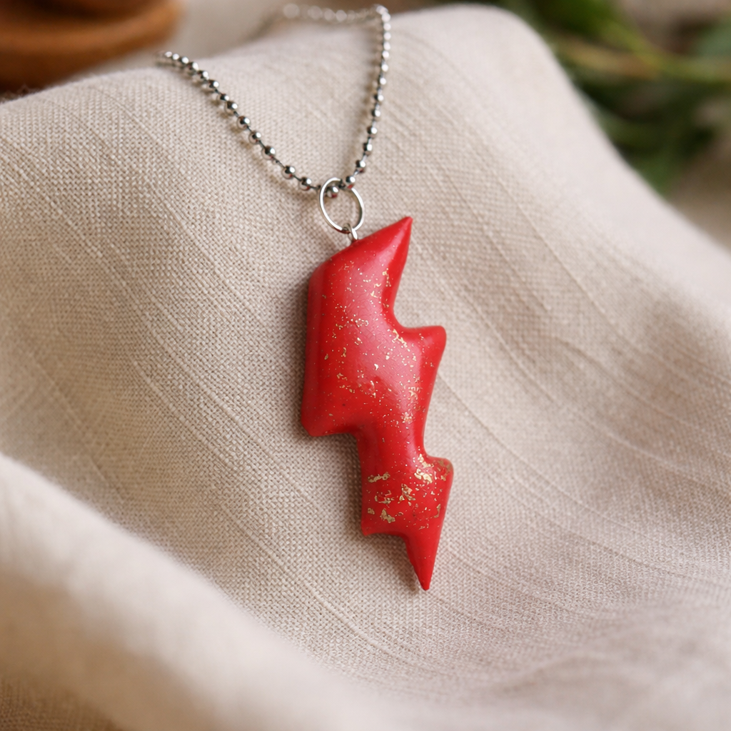 Handmade Red Lightning Bolt Necklace – 24” Stainless Steel Ball Chain – Statement Pendant Jewellery - Image 2