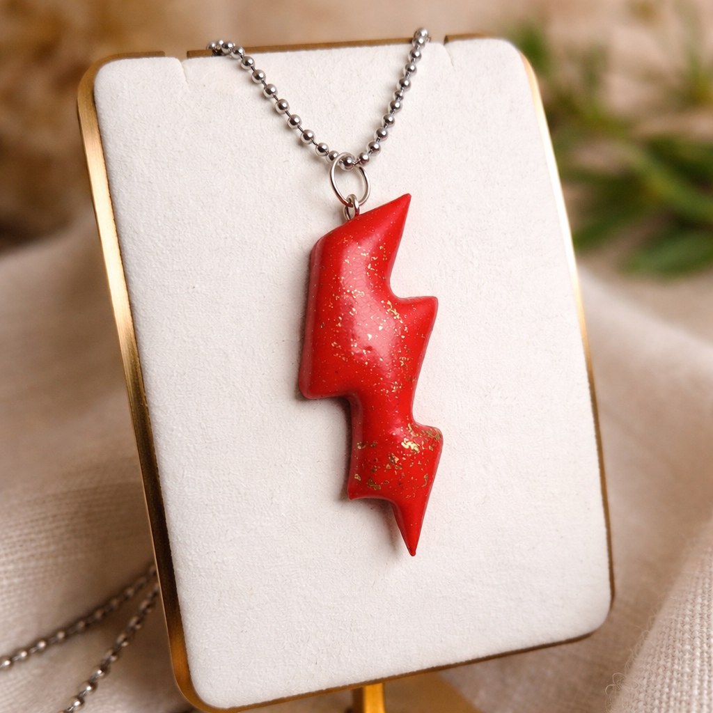 Handmade Red Lightning Bolt Necklace – 24” Stainless Steel Ball Chain – Statement Pendant Jewellery