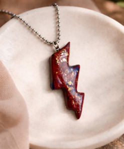 Alternative view of Handmade Red & Gold Lightning Bolt Necklace – 24” Stainless Steel Ball Chain – Statement Pendant