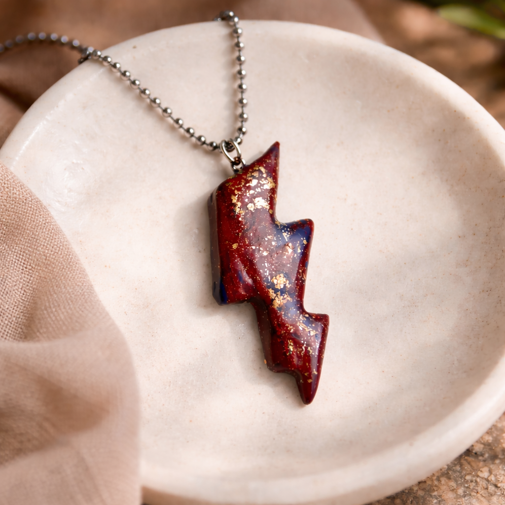 Handmade Red & Gold Lightning Bolt Necklace – 24” Stainless Steel Ball Chain – Statement Pendant - Image 2