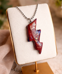 Handmade Red & Gold Lightning Bolt Necklace – 24” Stainless Steel Ball Chain – Statement Pendant
