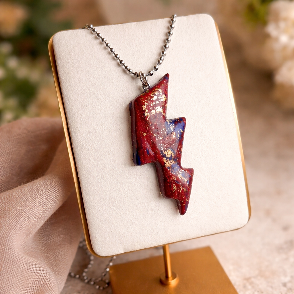 Handmade Red & Gold Lightning Bolt Necklace – 24” Stainless Steel Ball Chain – Statement Pendant