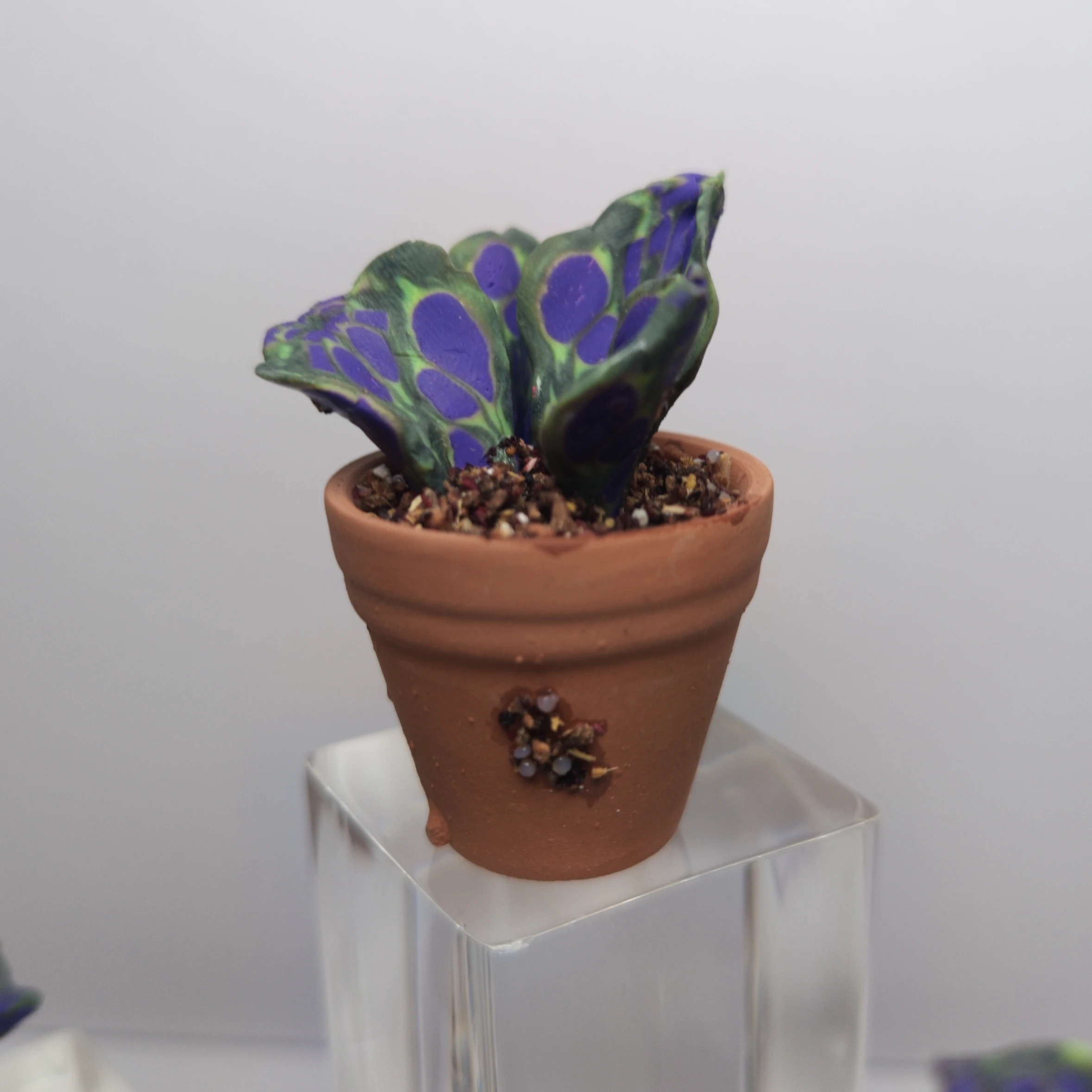 Handmade Polymer Clay Miniature Plant in Terracotta Pot – Purple & Green Decorative Faux Plant
