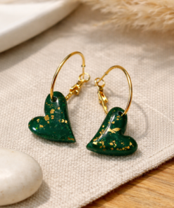 Emerald Green Heart Earrings with Gold Leaf – Handmade Gold Hoop Dangle Earrings