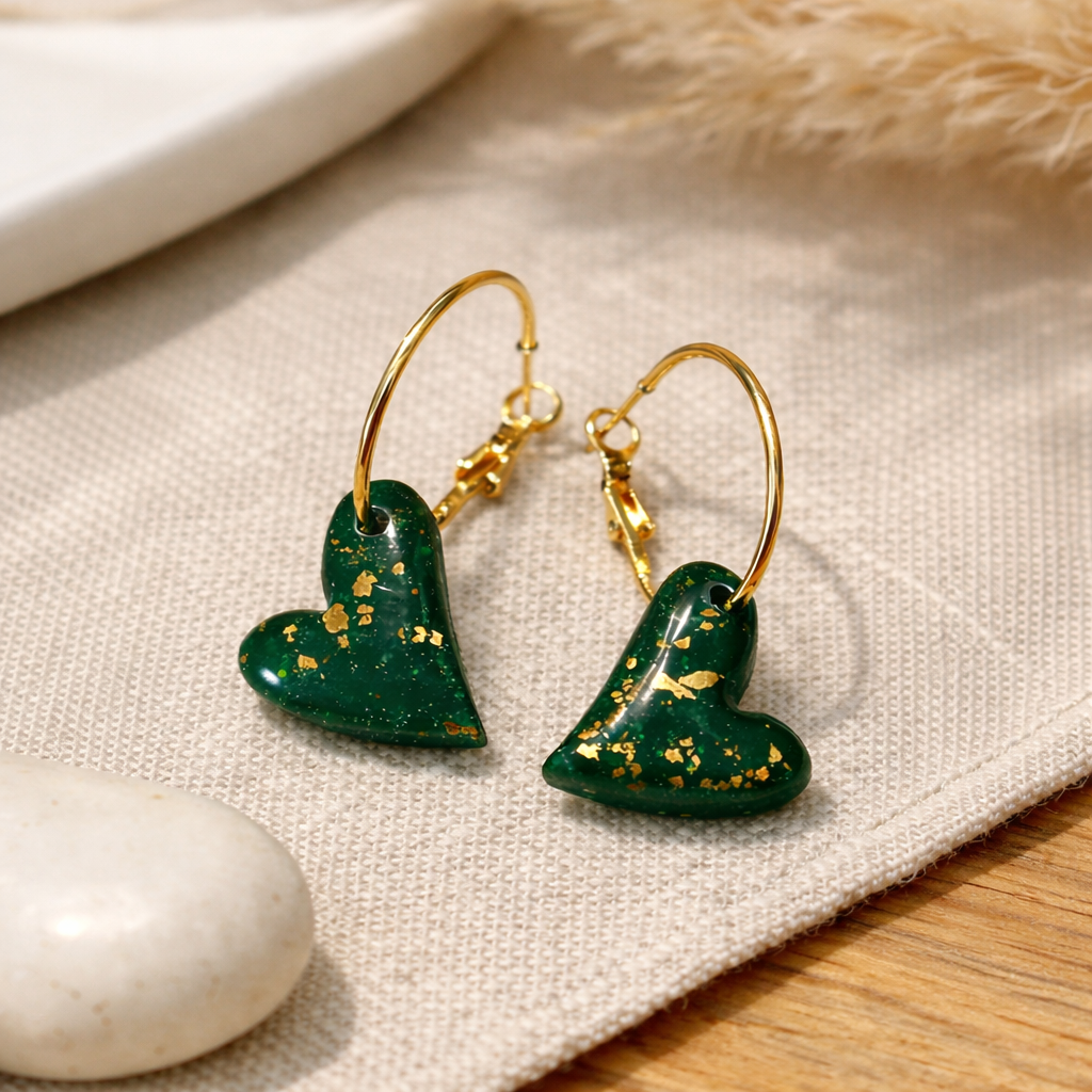 Emerald Green Heart Earrings with Gold Leaf – Handmade Gold Hoop Dangle Earrings